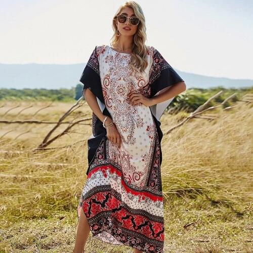 Fridayin Summer Casual Womens Bohemian O-Neck Flower Print Loose Maxi Dress Half Sleeve Fashion Vestidos