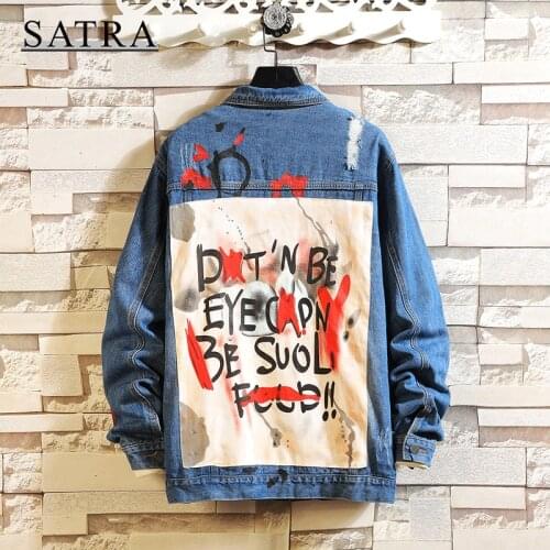 SATRA 2021 New Arrival Hip Hop Graffiti Jeans Jacket Streetwear Men, Mens Trend Punk Cowboy Ripped Distressed Denim Jacket coat