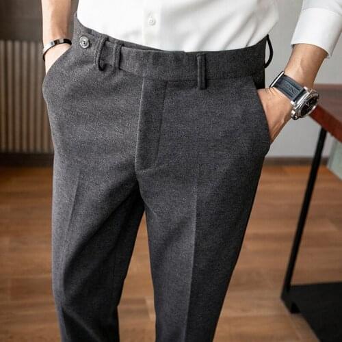 Men Thicken Wool Suit Pants England Vintage Formal Trousers Solid Color Slim Fit Pant Business Casual Pantalon Homme Classique