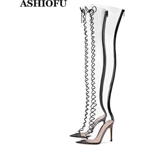 ASHIOFU Handmade Newest Ladies High Heel Boots PVC Sexy See-through Shinny Thigh High Boots Cross-straps Evening Club Boot Shoes