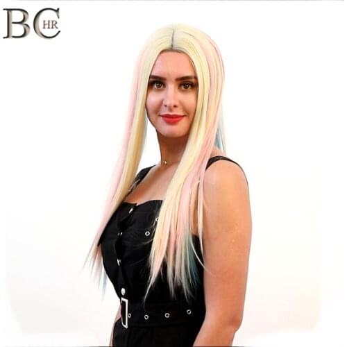 BCHR 22 Inch Straight 13*4 Lace Front Wig Synthetic Wig for White Women Blonde Blue Pink Colorful Rainbow Cosplay Wig for Fairy