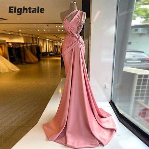 Eightale Beaded Pink Evening Dresses 2021 One Shoulder Pearls Mermaid Prom Gown Pleats Arabic Celebrity Party Dress