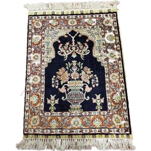 Seeykeep™ 1.5x2ft Unique Pure Silk Handknotted Oriental Prayer Rug with Vase And Birds of Paradise Motifs-SK3036078