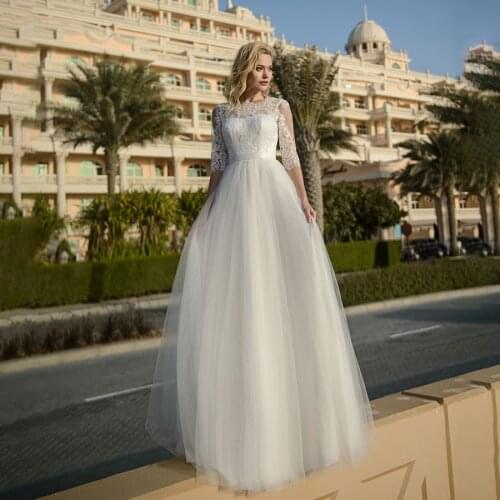 Princess Empire Waist Half Sleeves Lace Applique Wedding Dress Floor Length Sexy Bridal Dress vestido de novia sencillo
