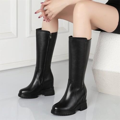 Platform Pumps Women Genuine Leather High Heel Mid Calf Motorcyle Boots Female High Top Round Toe Thigh High Fashion Sneakers