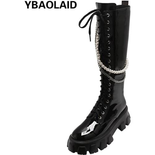 But Knee Knight Boots 2021 Fall/winter New Round Head Sponge Cake Thick-soled Cross-lace Pearl Chain High-tube Womens Boots