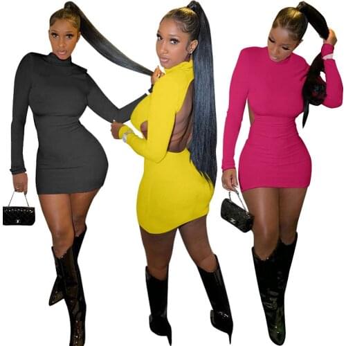 2021 Women Sexy Backless Turtleneck Long Sleeve Solid Knitted Mini Bodycon Dress Nightclub