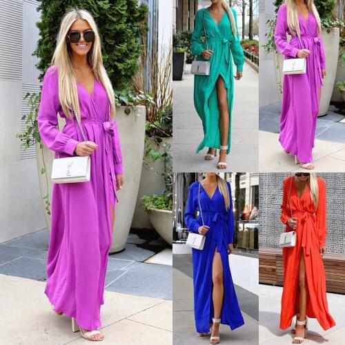 S-3XL autumn winter v neck long sleeve maxi dress belt cross night evening party dress casual leisure sexy split long dress