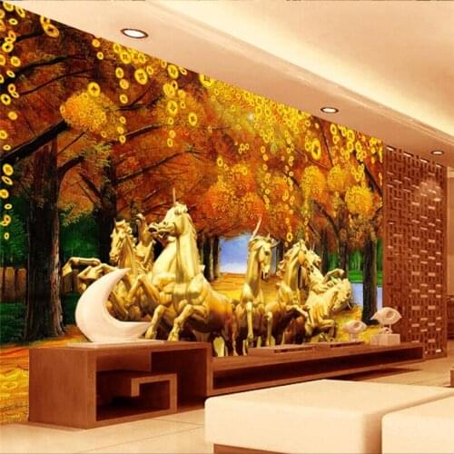 Beibehang Custom 3d wall paper Golden Horse Money Tree Fresco sofa living room bedroom tv background home decor painting