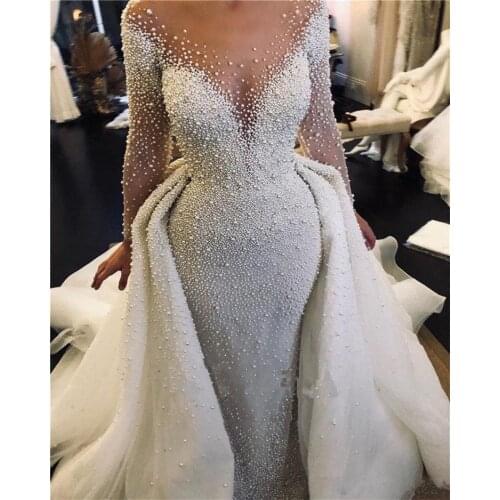 Sparkly Long Sleeves Full Pearls Beads Wedding Dresses with Detachable Train IIIsion Back Bridal Dresses with Buttons