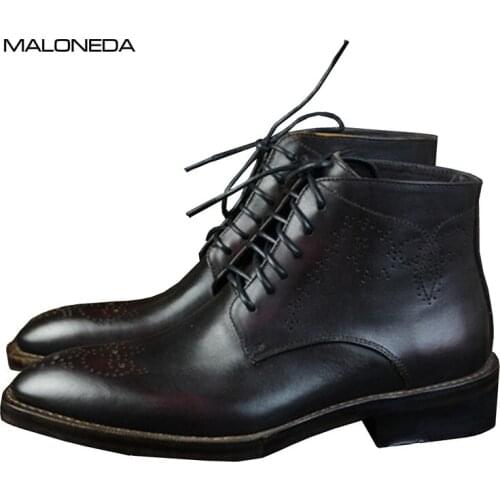 MALONEDE Retro Italy Style Handmade Cow Leather Derby Shoes Boots Lace up Brogue Genuine Leather Short Boots For Male