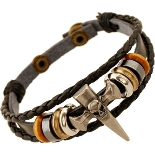 Punk Rock Skull Bracelet Men Jewelry Spike Skeleton Cross Viking Bracelet For Women Cow Leather Male calaveras Bangles Gifts