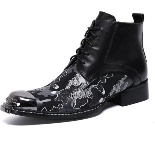 Christia Bella Winter Printing Men Shoes Genuine Leather Boots Fashion Metal Toe Boots Plus Size Ankle Boots Comfortable Boots