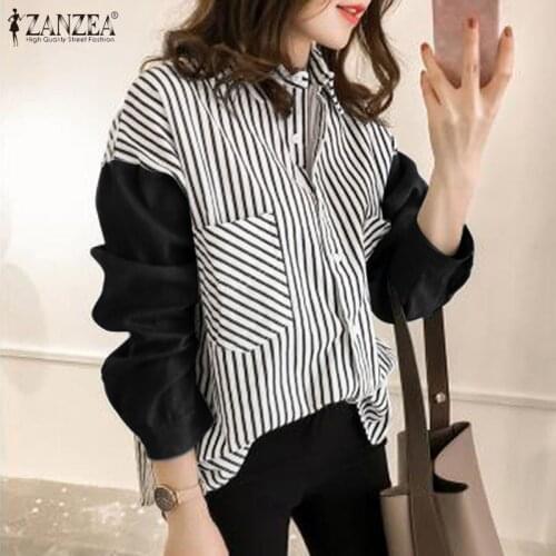 ZANZEA Elegant Stripe Shirt Women Spring Patchwork Blouse Casual Lapel Neck Long Sleeve Blusas Office Ladies Tops Tunic Chemise