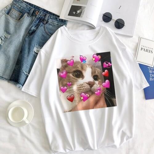 Ulzzang Cute cat love casual tops tees kawaii print loose short-sleeve Clothing Harajuku student Summer fashion women t-shirt