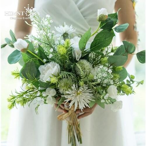 HIMSTORY White Rose Bride Flower Wreath Garland Wedding Bouquet Green Leaf Round Bridal Silk Flowers Basket Bouquets Decoration