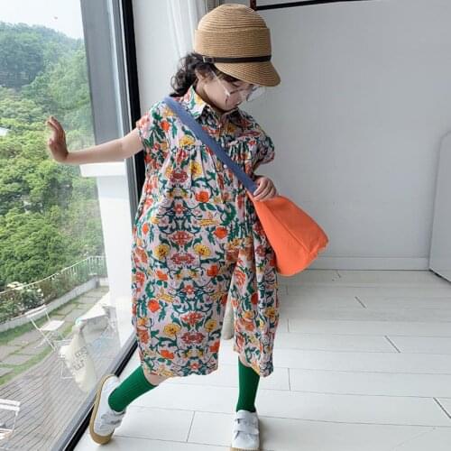 Teenage girls print Rompers 2019 summer new cotton button jumpsuits children Bib pants kids loose Onesies 3-10y ws702