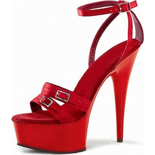 Mclubgirl 15cm Heels New Round Head, Thick Bottom, One Word Buckle Strap, Super High Heel, Satin Cloth, Crystal Sandals LYP