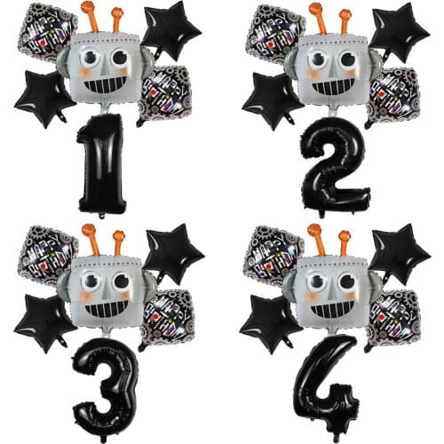 6pcs Pioneer Cartoon Robot Head Foil Helium Balloons Set Black 30inch Number Globos Children Birthday Party Decorations Kids Toy