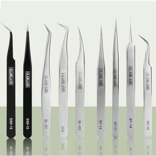 5 Pcs Glamlash Anti-Static Tweezer Stainless Steel Curved Tweezer ESD ST SA Series Black Straight Tip Forceps Makeup Aid Tool