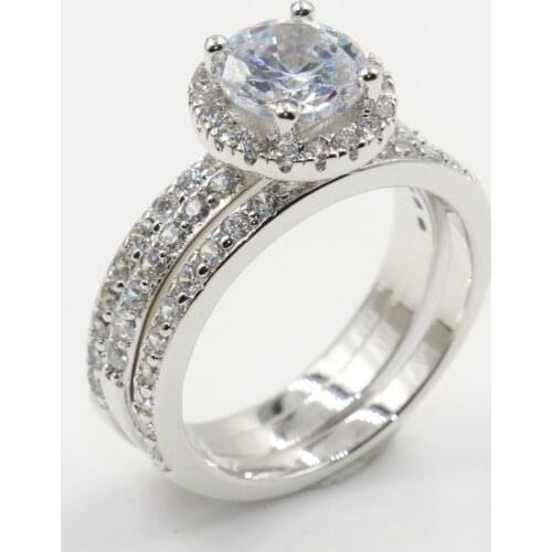 Rulalei Luxury Jewelry 3pcs Wedding Ring Set 10KT White Gold Fill Round Cut White 5A Cubic Zirconia Small Engagement Band Ring
