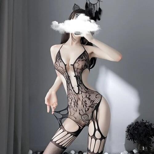 Sexy Jumpsuit Babydoll Lingerie Body Suits for Women Exotic Dancewear Porno Halter Neck Hollow Mesh Uniform Body Stockings