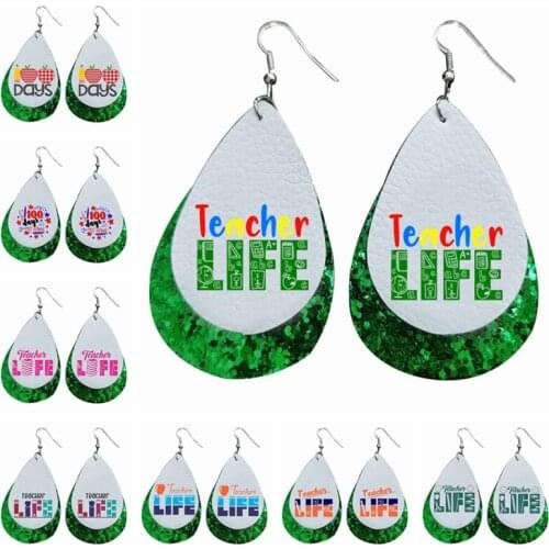 Teacher Life Earrings Green Glitter Layers Leopard Faux leather Earring
