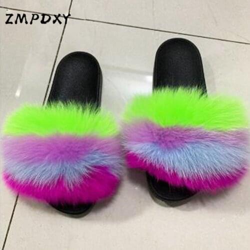 Ladies Real Fox Fur Slippers Woman Plush Open Toe Sandals Kids/Childrens Fluffy Fur Shoes Beach Flip Flops Female Furry Slides