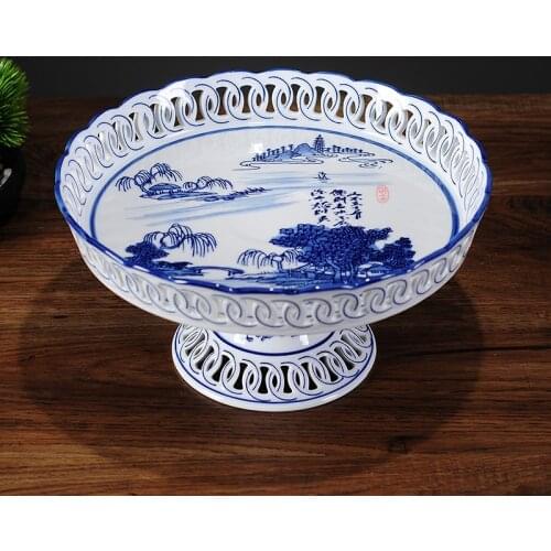 Blue and white porcelain fruit plate living room household landscape plate tea table Buddha Hall fruit plate high foot plate