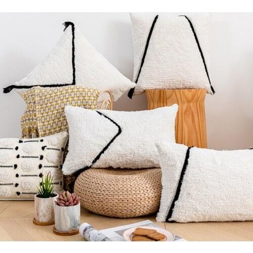 Modern Woven Tufted Throw Pillow Case Boho Striped Line Pompoms Cushion Cover