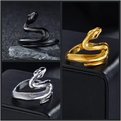 Vintage Snake Rings Black Gold Metal Punk Open Adjustable Animal Exaggerated Finger Ring for Women Men Party Jewelry Gift
