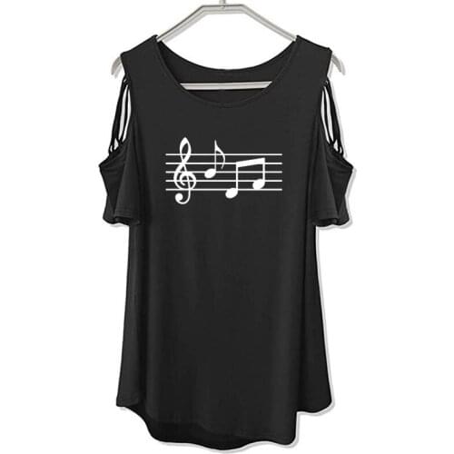 Funny Music Note Print Plus Size T-shirt Women Sexy Cute Tshirt Tops Harajuku Music Lover Shoulder Hollow T-shirt Tee
