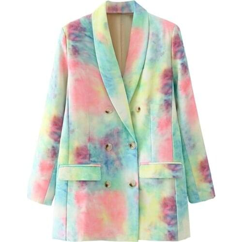 2021 Autumn New Sweet Women Jacket Long Sleeve Double-Breasted Fashion Ladies Tie-Dye Printed Suit Outwear Trench Coat Clothing