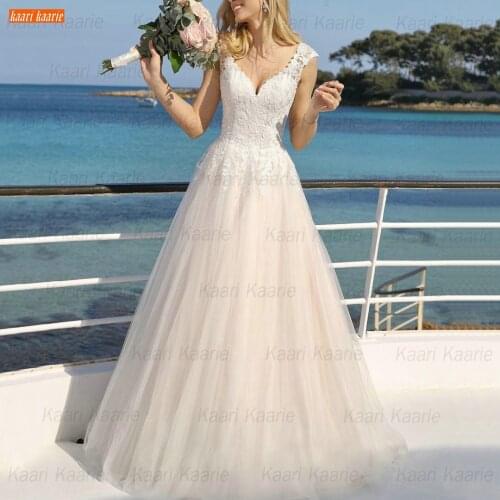 Fashion V Neck Wedding Dress 2021 Beige Sleeveless Vestido De Novia Lace Appliqued Tulle Beach Bride Gowns Custom Made Trouwjurk