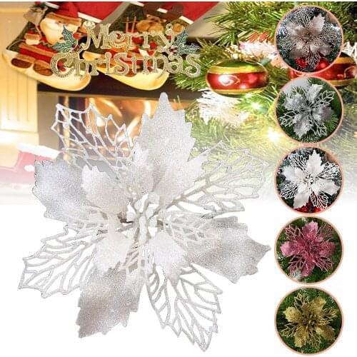 10 Pcs Glitter Poinsettia Flower Christmas Wreath Tree Decorations Xmas Gift Wholesale