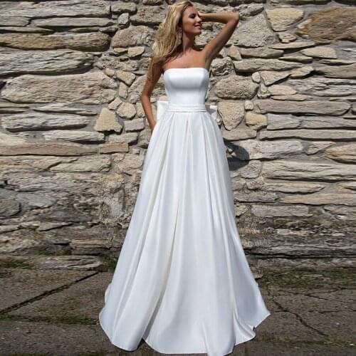 White Strapless Satin Wedding Dress A-Line Bow Back Floor length vestido de casamento Bridal Gowns