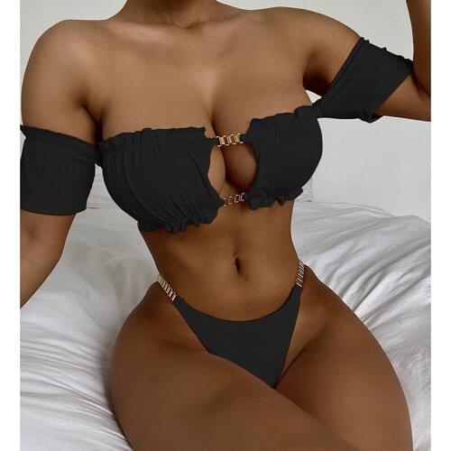 Ribbed Bikinis Ruffle Womens Swimsuit 2021 NEW Bandeau Swimwear High Cut Biquini Metal Chain Bathing Suits Black Bikini Set