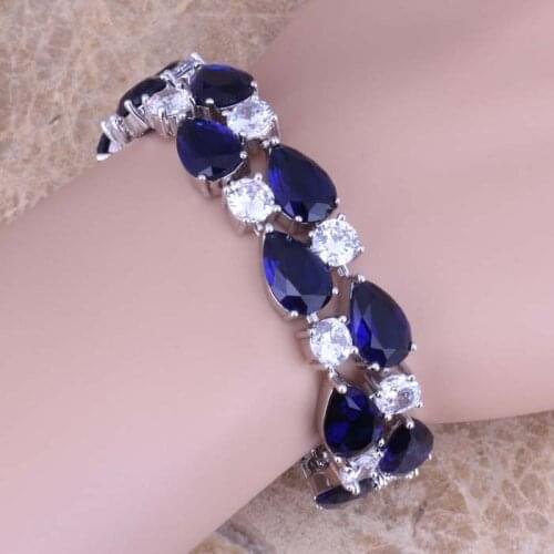 Gallant Blue Cubic Zirconia White CZ Silver Plated Link Chain Bracelet 7 - 8 inch S0672