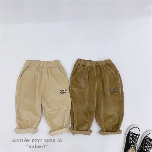 New Winter Boy Kids Trousers Autumn Casual Toddler Baby Loose Solid Pants Elastic Waist Letter Embroidery Corduroy Pants for Boy