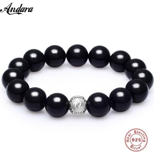 Natural Stone Beads Sterling Silver Pisces Bracelets For Men Male Tiger Eye Casual Jewelry 2017 Black 14mm