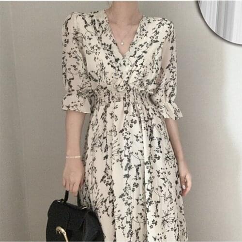 Floral Print Chiffon Midi Dress Lady Printing V Neck Short Sleeve High Waist Slim Vestido Girl Print Spring Elegant A Line Dress