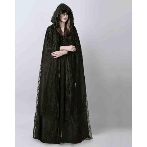Black Floral Lace Long Hooded Outwear Witch Vampire Costume Halloween Cosplay Gothic Winter Coat Women Party Gothic Clothes