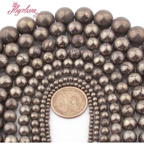 2.4.6.8.10.12mm Smooth Round Silvers Gray Pyrite Beads Natural Stone Beads for DIY Women Necklace Bracelet Jewelry Making 15"