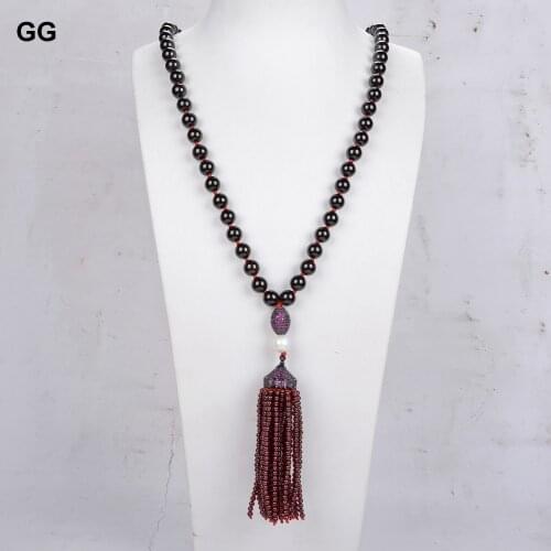 GuaiGuai Jewelry 40'' White Freshwater Pearl Round Garnet Long Sweater Chain Necklace CZ Pave Pendant