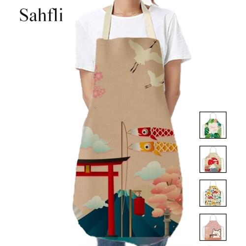 Carton Pattern Kitchen Apron for Cooking Sleeveless Cotton Linen Aprons Adult Green Home Work Cleaning Accessories 65x75cm