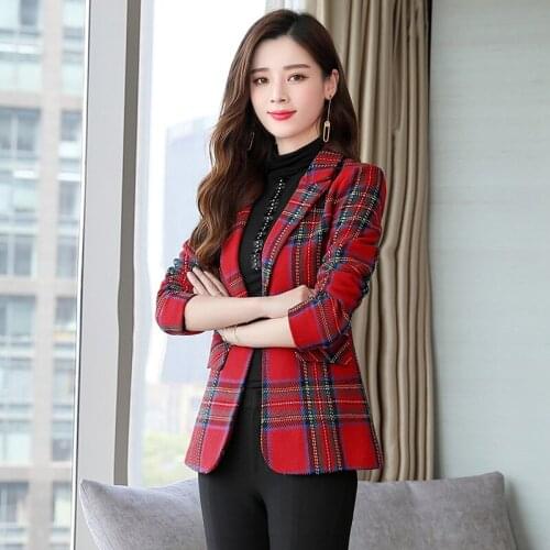 2019 spring and autumn new wave Ms. Korean version of the self-cultivation long-sleeved small suit plaid jacket