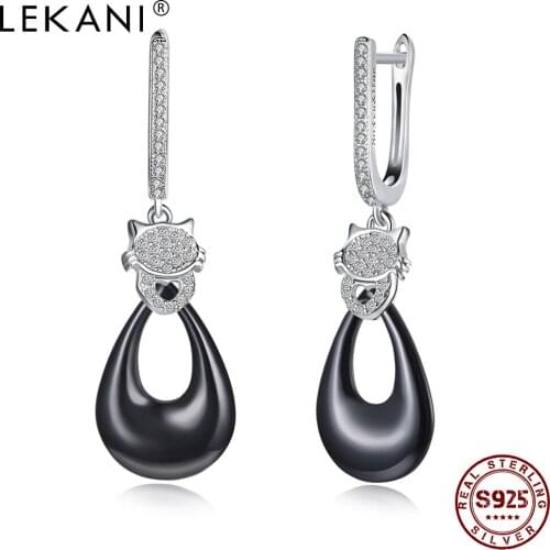 LEKANI 925 Sterling Silver Water Pendant Earring Dangle Cute Cat Hollow Heart Cubic Zirconia Earrings For Women Fine Jewelry