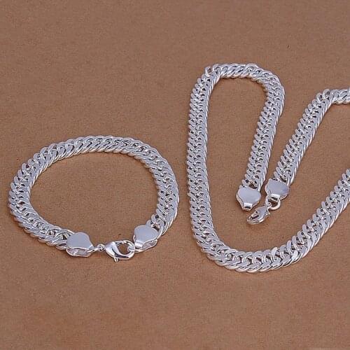 Hot style high-quality simple charm fashion Men 10MM women chain necklace bracelets classic Silver color jewelry Sets S141