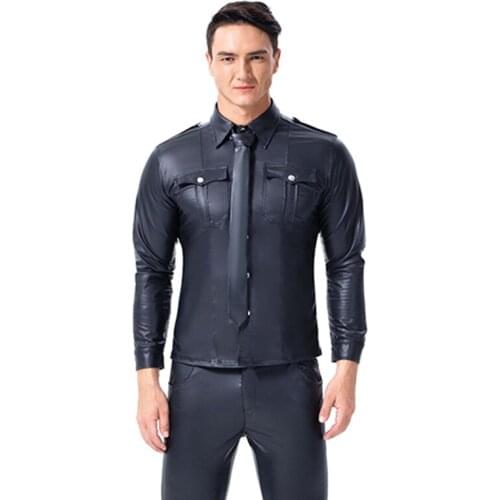 Men PU Faux Leather Shirts Undershirt Plus Size Sexy Fitness Tops Gay T-shirt Tees Mens Long Sleeve Tops Tee Sexy Party Clubwear