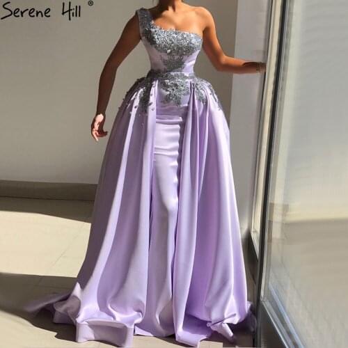 2021 New Satin Lilac Evening Gowns 2020 One shoulder Beading Sexy Women Dresses With Detachable Train Serene Hill DLA70800